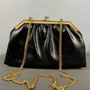Black Vintage Style Clutch Gold Chain Kiss Lock Evening Bag Formal Classic
